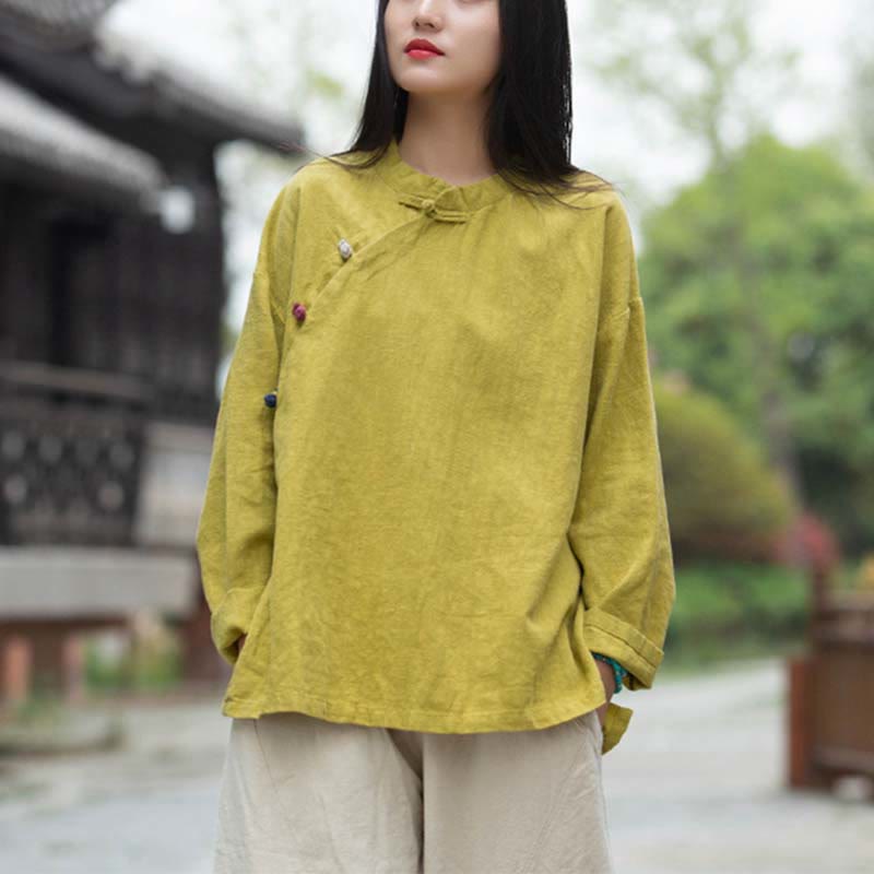 Buddha Stones Ramie Linen Blouse Women Shirt Top Chinese Hanfu Style Clothing - Yellow(Bust 120cm)(Top Only) - image 25