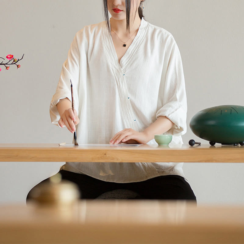 Buddha Stones V-Neck Blouse Women Shirt Long Sleeve Top Chinese Hanfu Style Clothing - image 8