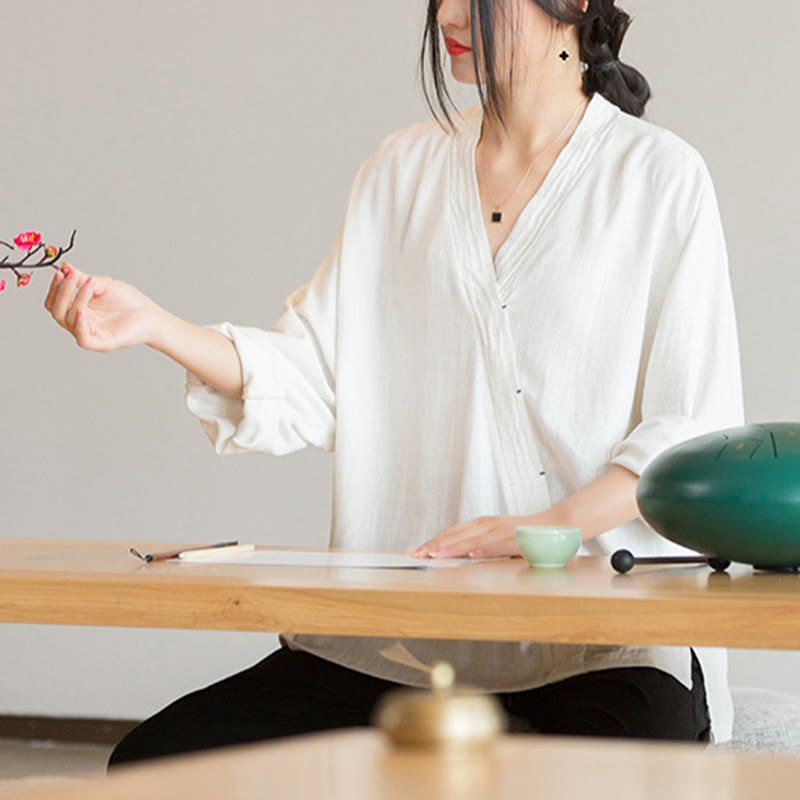 Buddha Stones V-Neck Blouse Women Shirt Long Sleeve Top Chinese Hanfu Style Clothing - image 9