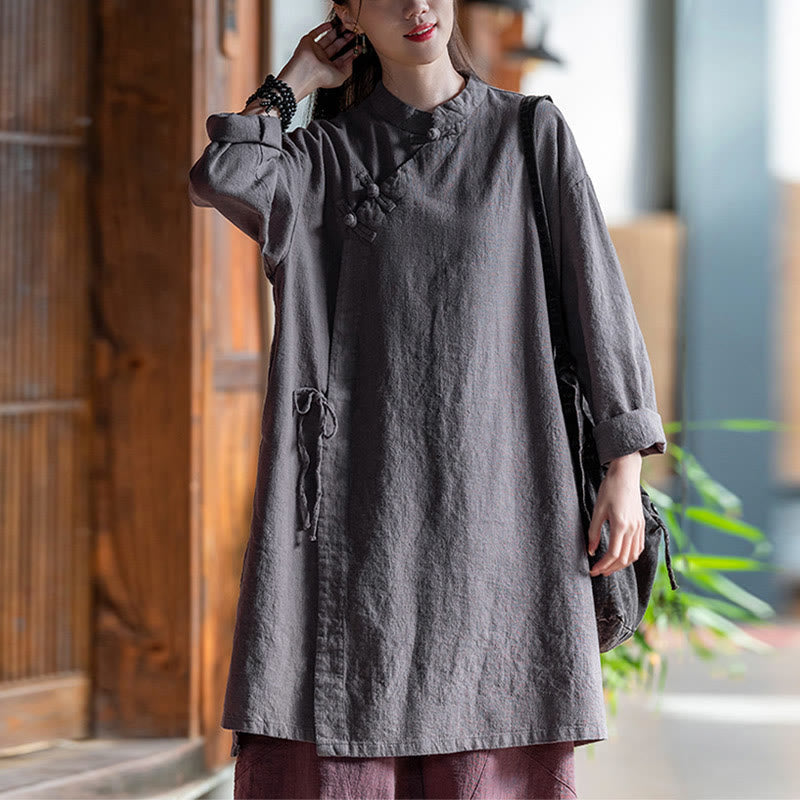 Buddha Stones Vintage Cotton Linen Blouse Women Long Sleeve Shirt Chinese Hanfu Top - Gray(Bust 130cm)(Top Only) - image 8