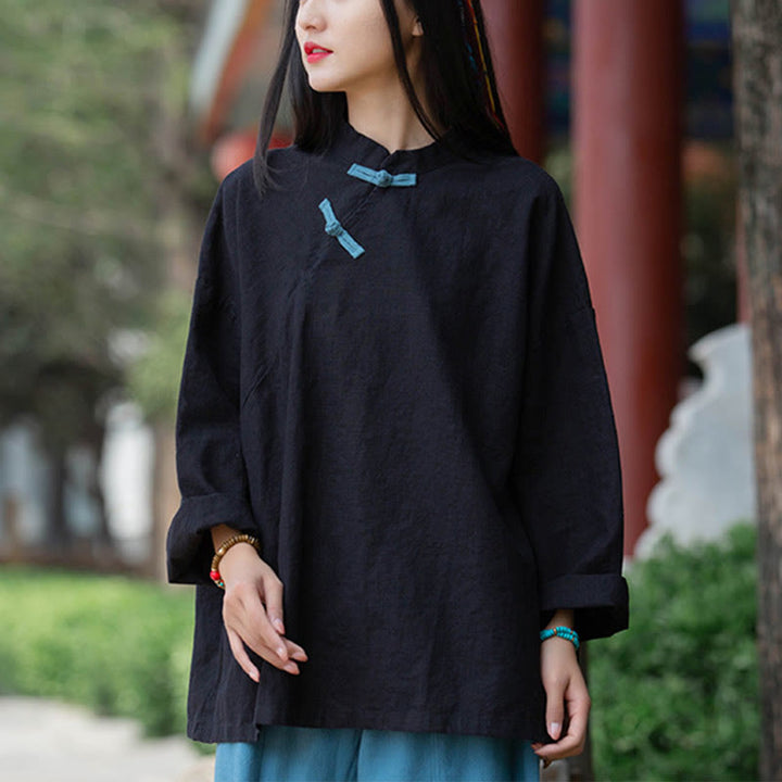 Buddha Stones Ramie Linen Loose Blouse Women Long Sleeve Shirt Chinese Hanfu Top - Black(Bust 132cm)(Top Only) - image 11