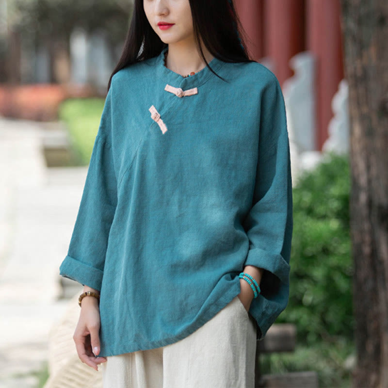 Buddha Stones Ramie Linen Loose Blouse Women Long Sleeve Shirt Chinese Hanfu Top - Cyan(Bust 132cm)(Top Only) - image 19