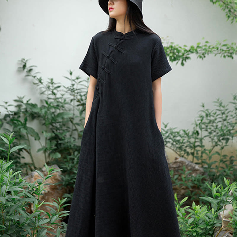Buddha Stones Frog-Button Midi Dress Cotton Linen Short Sleeve Dress With Pockets - Black(Bust 96cm/Length 119cm)(Dress Only) - image 0