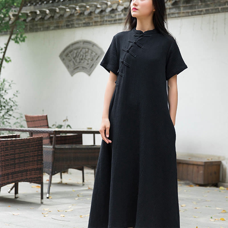 Buddha Stones Frog-Button Midi Dress Cotton Linen Short Sleeve Dress With Pockets - image 1