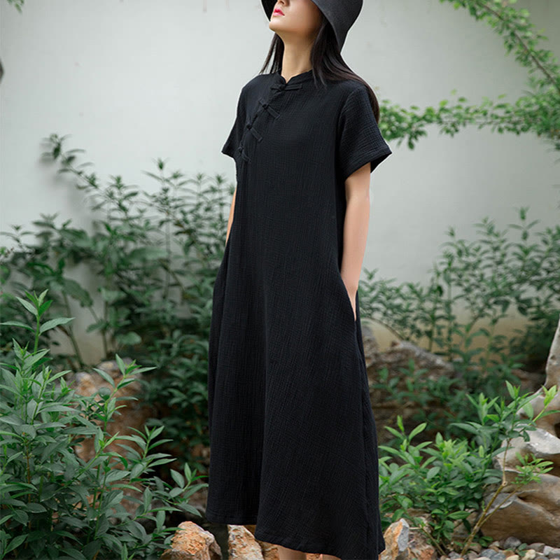 Buddha Stones Frog-Button Midi Dress Cotton Linen Short Sleeve Dress With Pockets - image 2