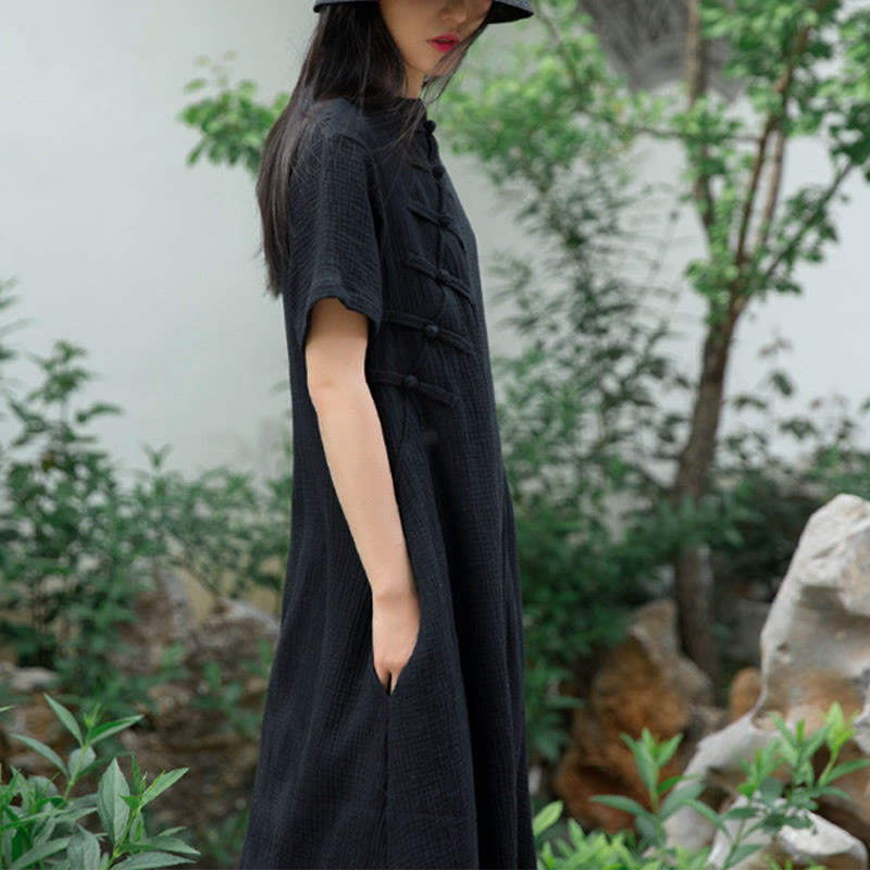 Buddha Stones Frog-Button Midi Dress Cotton Linen Short Sleeve Dress With Pockets - image 3