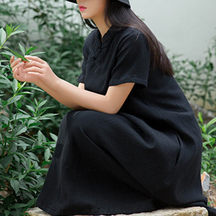 Buddha Stones Frog-Button Midi Dress Cotton Linen Short Sleeve Dress With Pockets - image 7