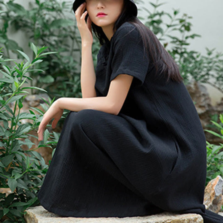 Buddha Stones Frog-Button Midi Dress Cotton Linen Short Sleeve Dress With Pockets - image 6