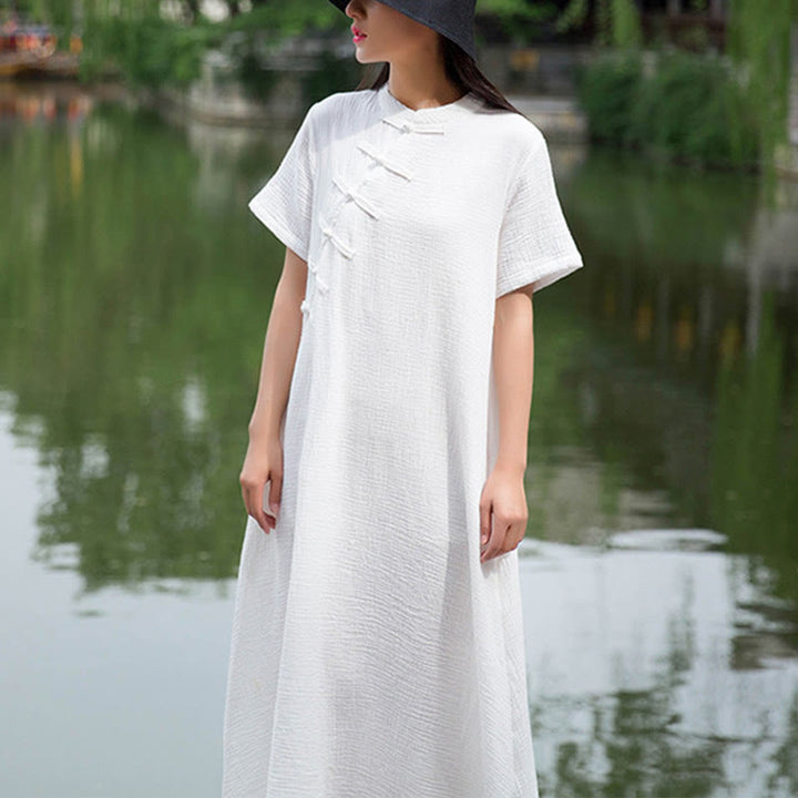 Buddha Stones Frog-Button Midi Dress Cotton Linen Short Sleeve Dress With Pockets - White(Bust 96cm/Length 119cm)(Dress Only) - image 9