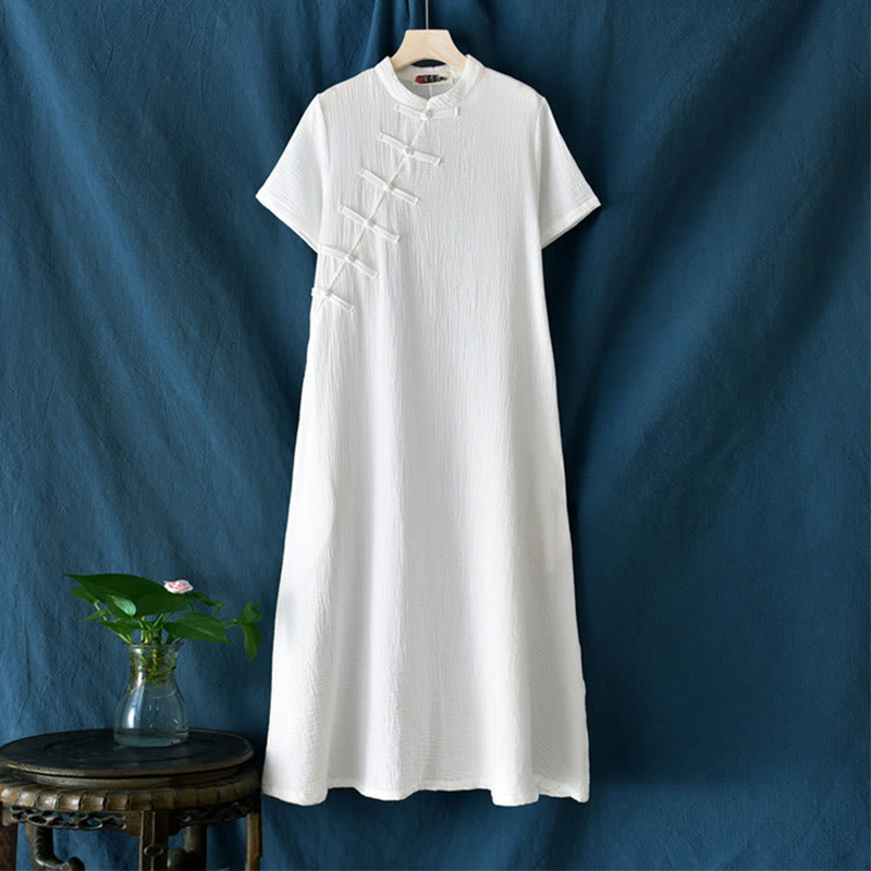 Buddha Stones Frog-Button Midi Dress Cotton Linen Short Sleeve Dress With Pockets - image 26