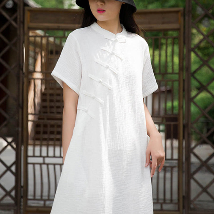 Buddha Stones Frog-Button Midi Dress Cotton Linen Short Sleeve Dress With Pockets - image 17