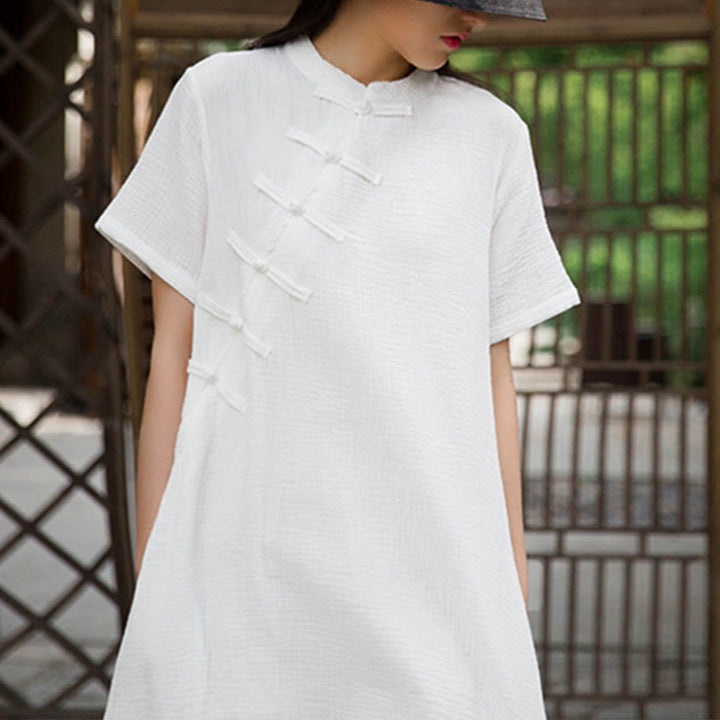 Buddha Stones Frog-Button Midi Dress Cotton Linen Short Sleeve Dress With Pockets - image 15