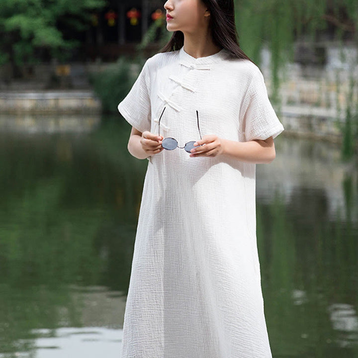 Buddha Stones Frog-Button Midi Dress Cotton Linen Short Sleeve Dress With Pockets - image 14