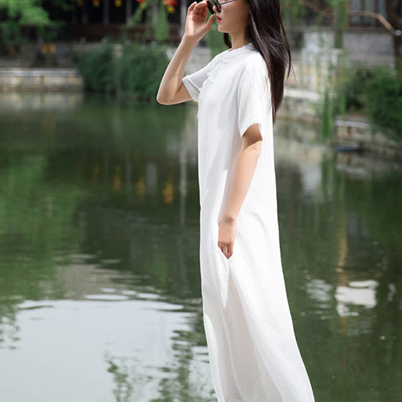 Buddha Stones Frog-Button Midi Dress Cotton Linen Short Sleeve Dress With Pockets - image 19