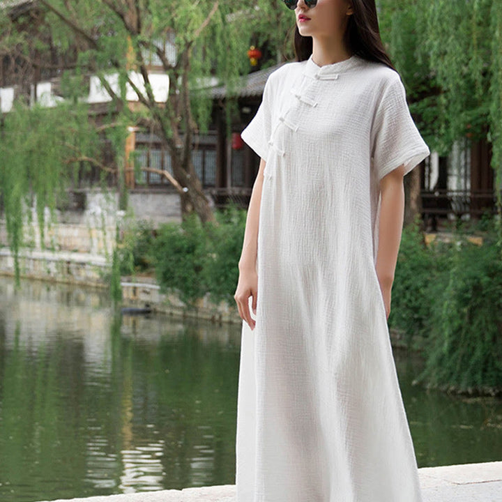 Buddha Stones Frog-Button Midi Dress Cotton Linen Short Sleeve Dress With Pockets - image 11