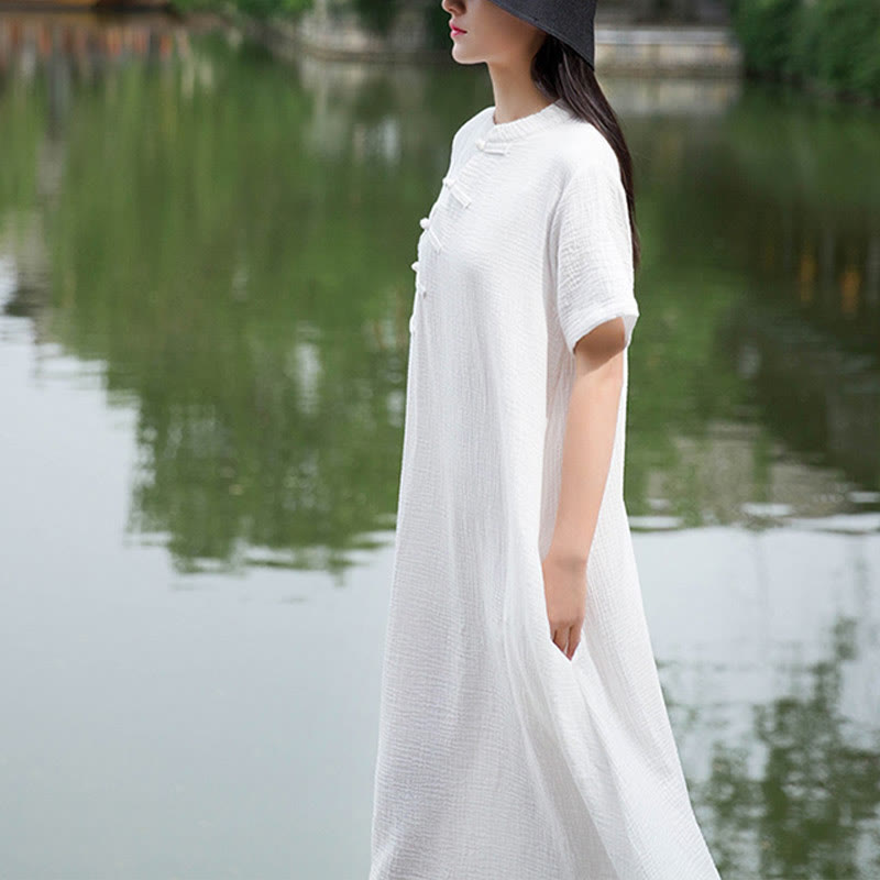 Buddha Stones Frog-Button Midi Dress Cotton Linen Short Sleeve Dress With Pockets - image 13