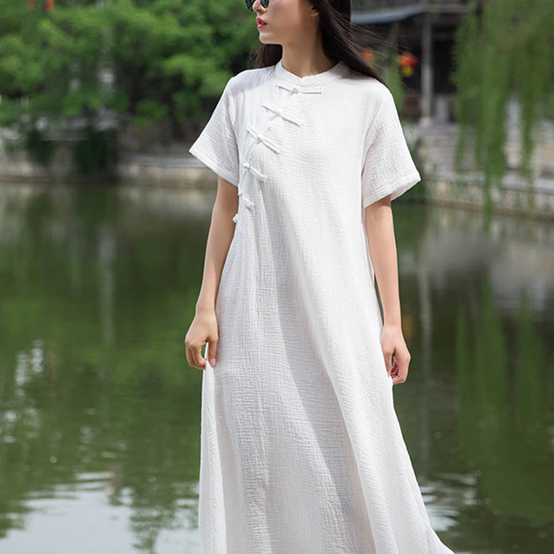 Buddha Stones Frog-Button Midi Dress Cotton Linen Short Sleeve Dress With Pockets - image 12