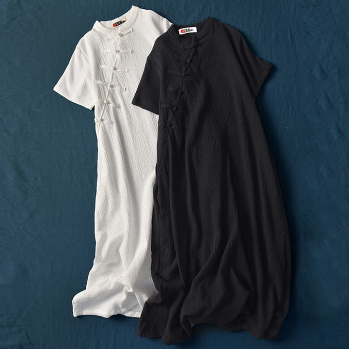 Buddha Stones Frog-Button Midi Dress Cotton Linen Short Sleeve Dress With Pockets - image 27