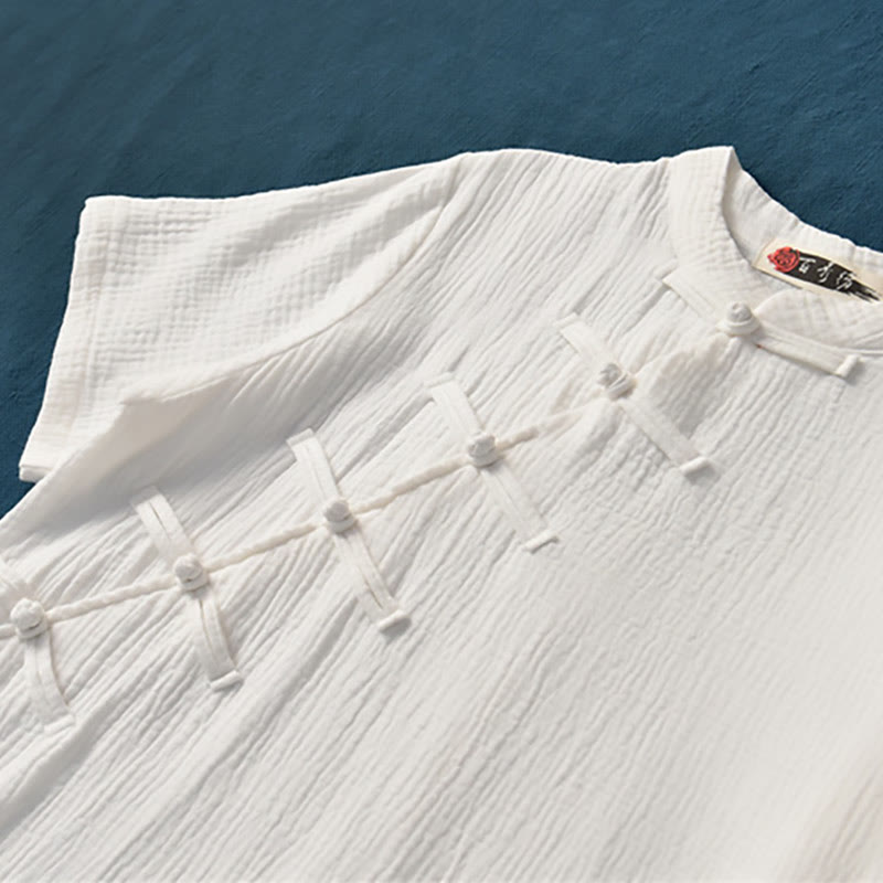 Buddha Stones Frog-Button Midi Dress Cotton Linen Short Sleeve Dress With Pockets - image 20