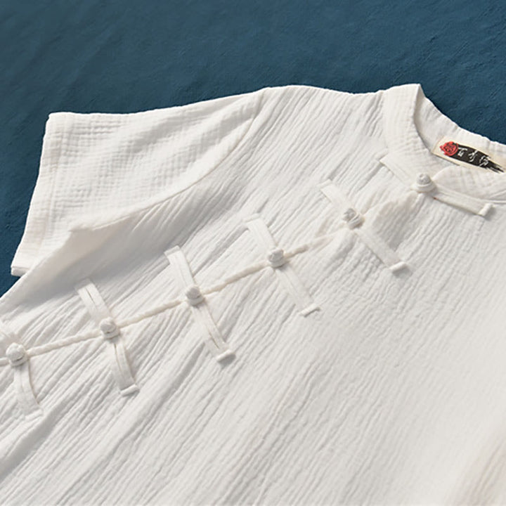 Buddha Stones Frog-Button Midi Dress Cotton Linen Short Sleeve Dress With Pockets - image 20
