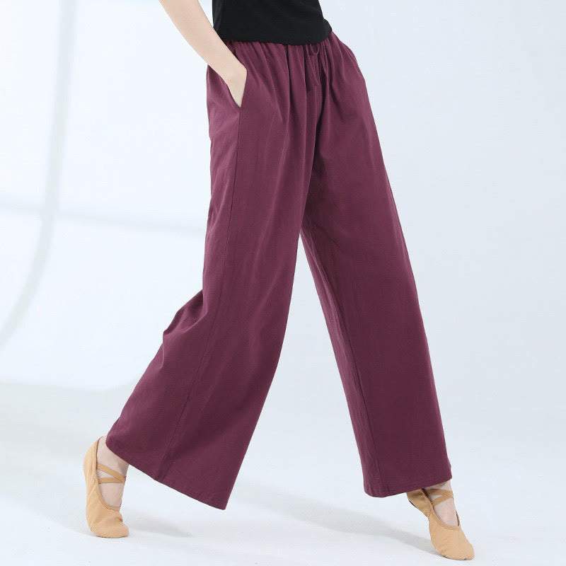 Buddha Stones Loose Cotton Drawstring Wide Leg Pants For Yoga Dance With Pockets