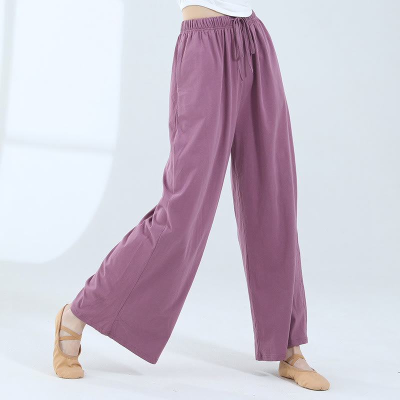 Buddha Stones Loose Cotton Drawstring Wide Leg Pants For Yoga Dance With Pockets