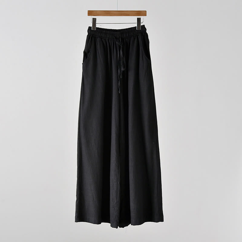 Buddha Stones Loose Cotton Linen Drawstring Wide Leg Pants With Pockets