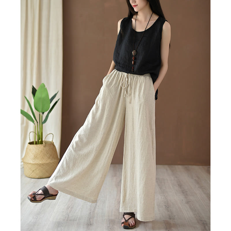 Buddha Stones Loose Cotton Linen Drawstring Wide Leg Pants With Pockets - image 6