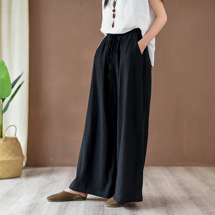 Buddha Stones Loose Cotton Linen Drawstring Wide Leg Pants With Pockets - image 11