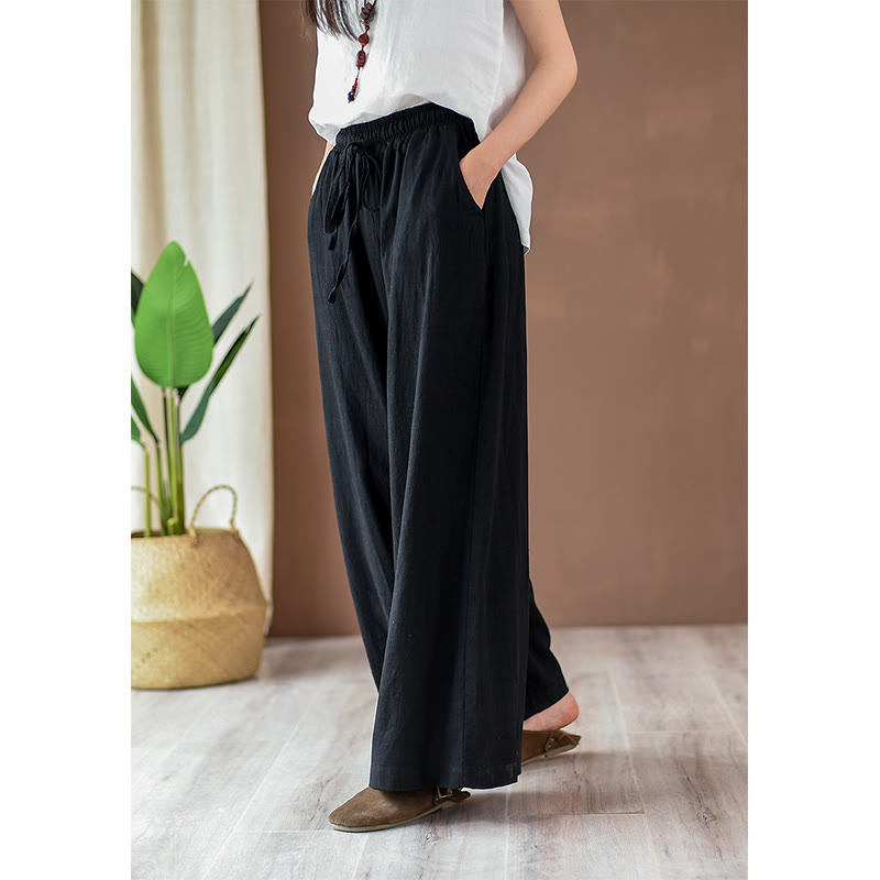 Buddha Stones Loose Cotton Linen Drawstring Wide Leg Pants With Pockets