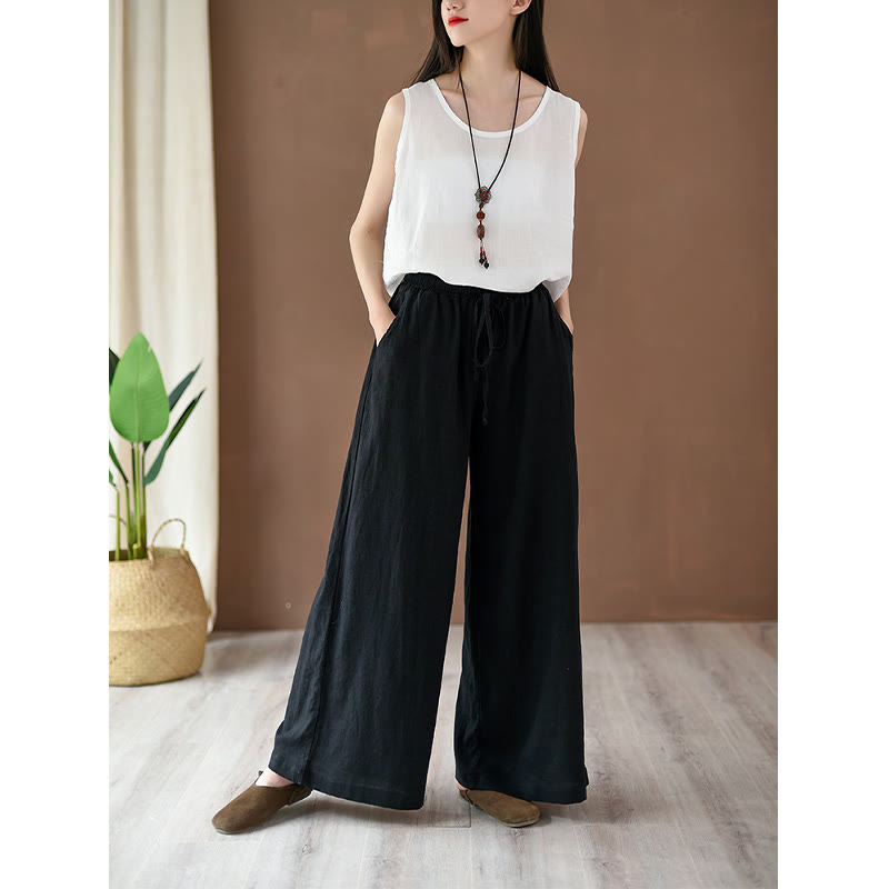 Buddha Stones Loose Cotton Linen Drawstring Wide Leg Pants With Pockets