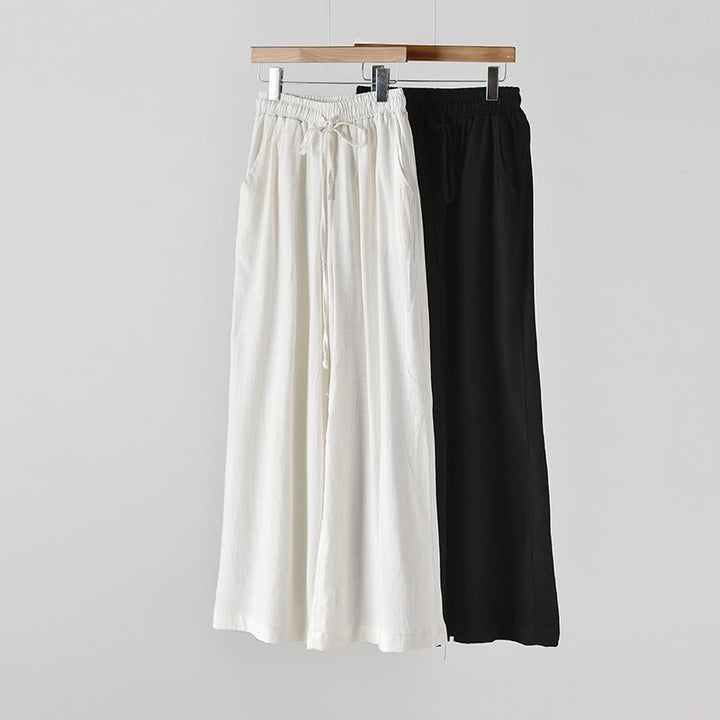 Buddha Stones Loose Cotton Linen Drawstring Wide Leg Pants With Pockets