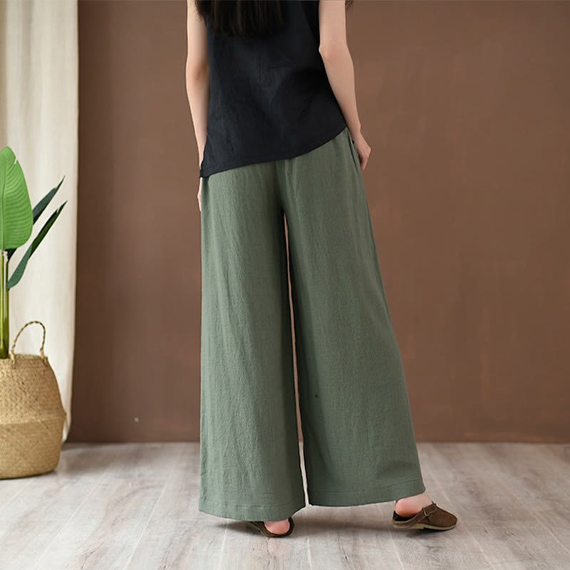 Buddha Stones Loose Cotton Linen Drawstring Wide Leg Pants With Pockets