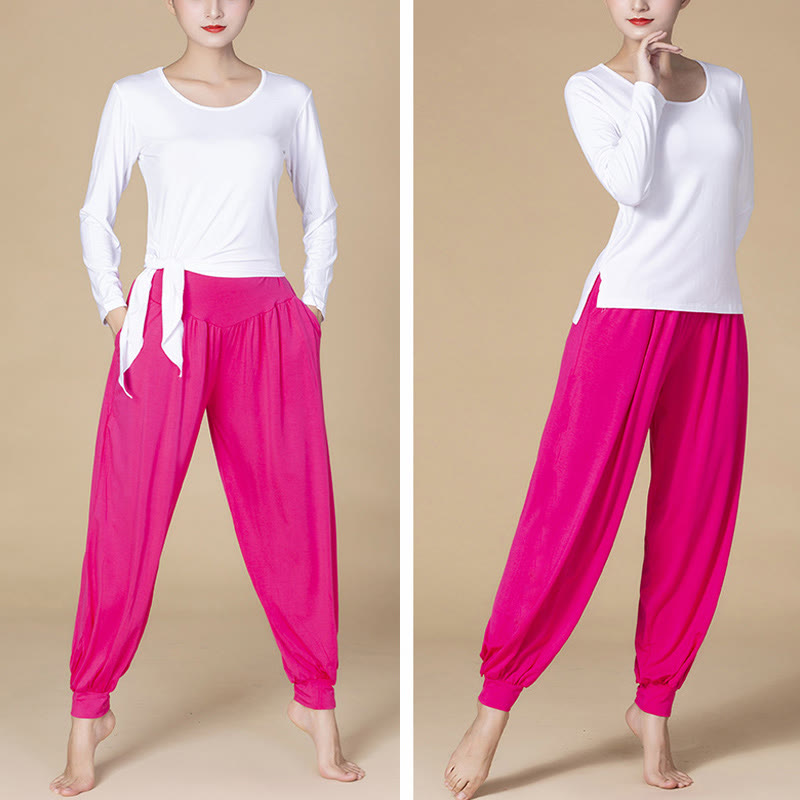 Buddha Stones Solid Color Modal Yoga Dance High Waist Harem Pants With Pockets - image 16