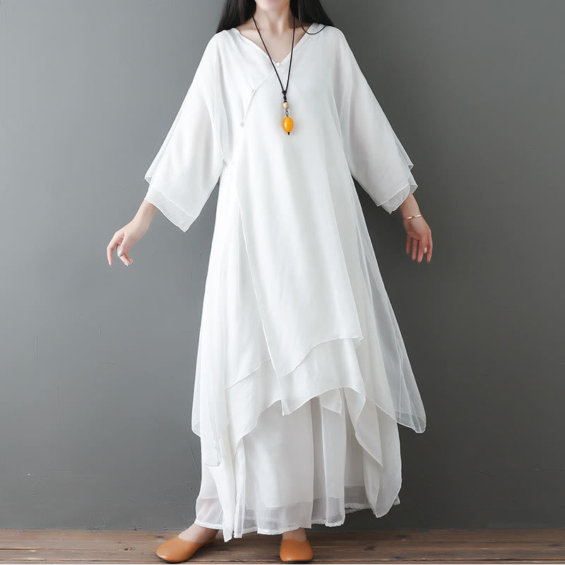 Buddha Stones V-Neck Midi Tunic Dress Wide Leg Pants Meditation Zen Practice Dance Clothing - 2Pcs White(Dress&Pants) - US12，UK/AU16，EU44 (2XL) - image 0