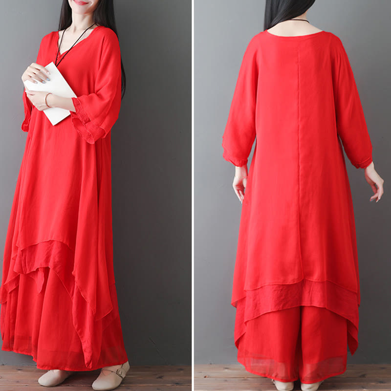 Buddha Stones V-Neck Midi Tunic Dress Wide Leg Pants Meditation Zen Practice Dance Clothing - image 12