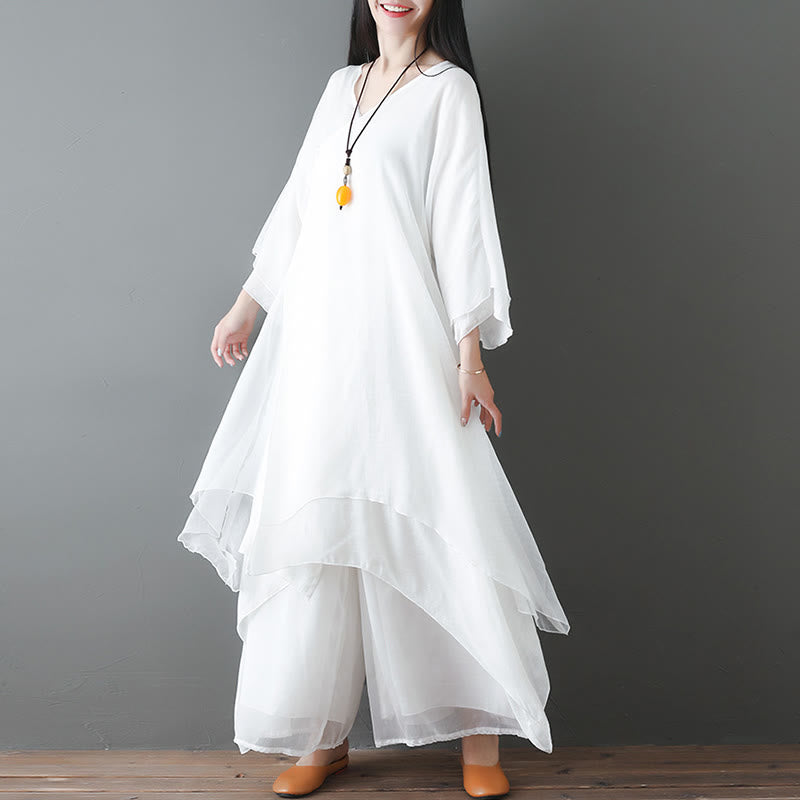 Buddha Stones V-Neck Midi Tunic Dress Wide Leg Pants Meditation Zen Practice Dance Clothing