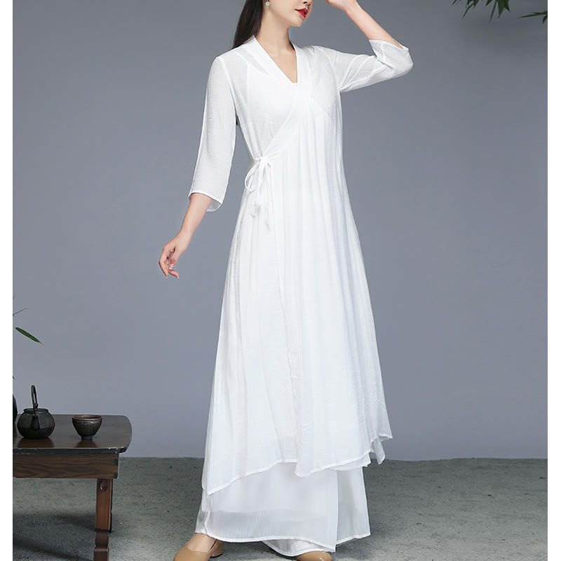 Buddha Stones Hanfu Style Midi Dress Wide Leg Pants Meditation Zen Practice Yoga Dance Clothing