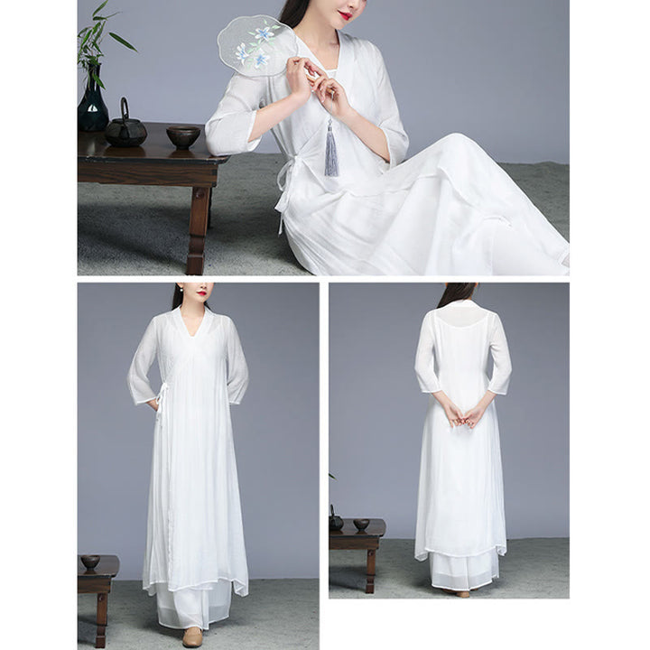 Buddha Stones Hanfu Style Midi Dress Wide Leg Pants Meditation Zen Practice Yoga Dance Clothing - image 11