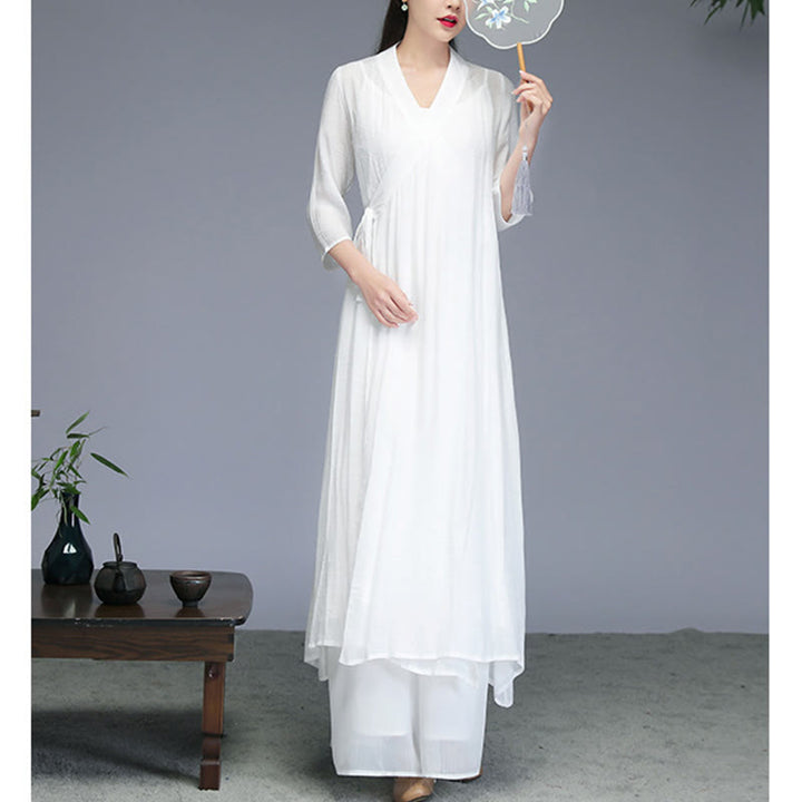 Buddha Stones Hanfu Style Midi Dress Wide Leg Pants Meditation Zen Practice Yoga Dance Clothing - image 2