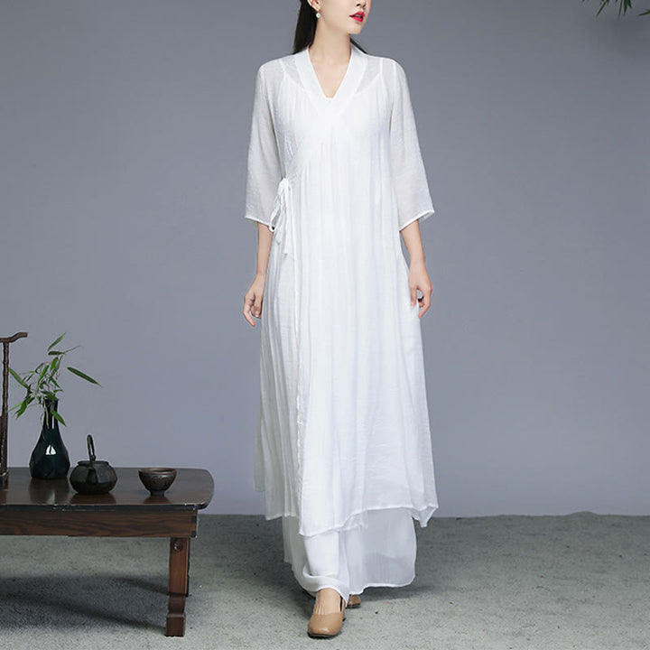 Buddha Stones Hanfu Style Midi Dress Wide Leg Pants Meditation Zen Practice Yoga Dance Clothing - image 4