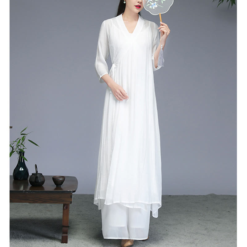 Buddha Stones Hanfu Style Midi Dress Wide Leg Pants Meditation Zen Practice Yoga Dance Clothing