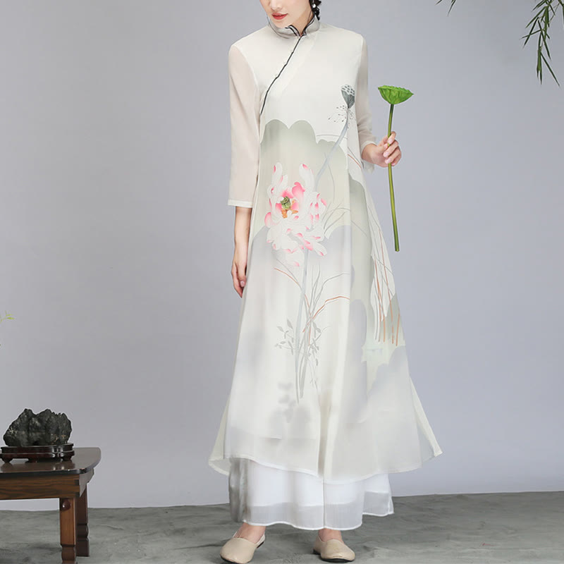 Buddha Stones Lotus Flower Pod Chiffon Cheongsam Midi Dress Meditation Zen Practice Clothing