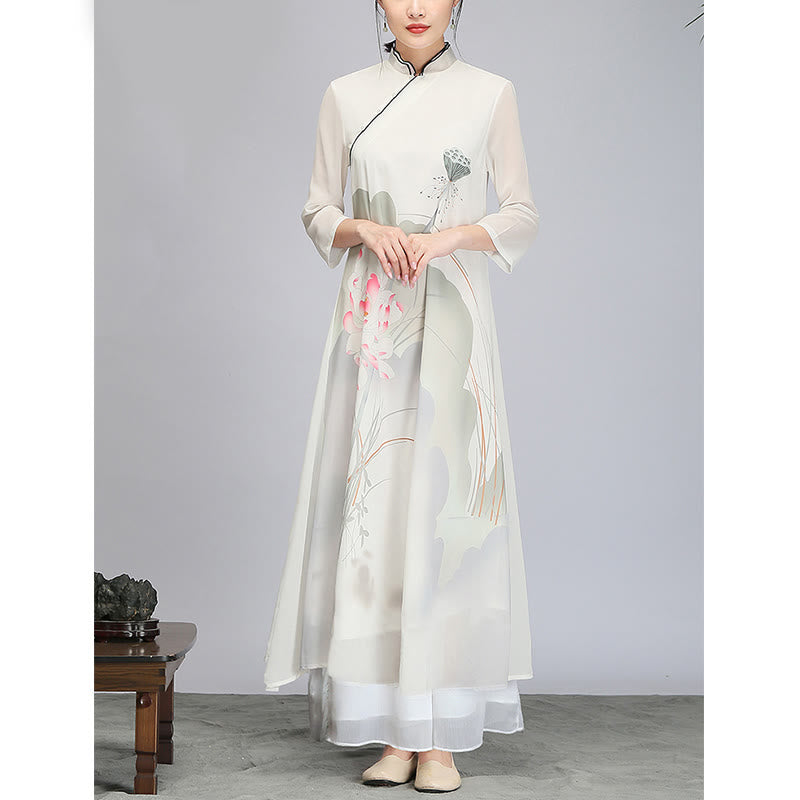 Buddha Stones Lotus Flower Pod Chiffon Cheongsam Midi Dress Meditation Zen Practice Clothing - image 4