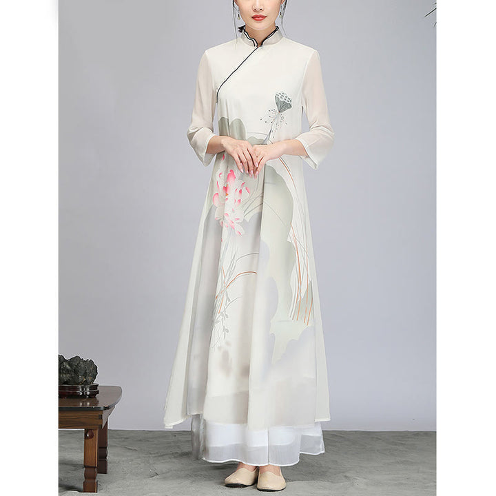 Buddha Stones Lotus Flower Pod Chiffon Cheongsam Midi Dress Meditation Zen Practice Clothing - image 4