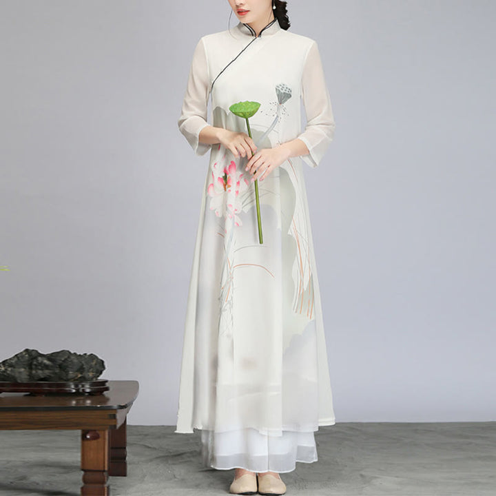 Buddha Stones Lotus Flower Pod Chiffon Cheongsam Midi Dress Meditation Zen Practice Clothing