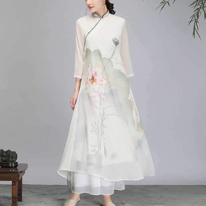 Buddha Stones Lotus Flower Pod Chiffon Cheongsam Midi Dress Meditation Zen Practice Clothing