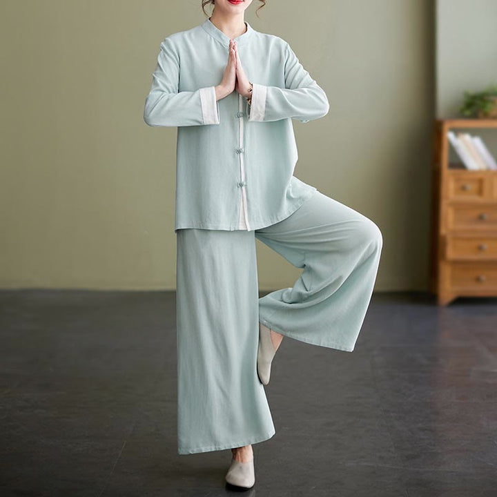 Buddha Stones 2Pcs Tang Suit Long Sleeve Shirt Top Pants Meditation Zen Tai Chi Cotton Linen Clothing Women's Set - Green(Top&Pants) - US8-10，UK/AU12-14，EU40-42 (2XL) - image 15