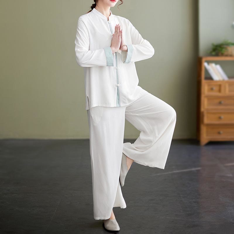 Buddha Stones 2Pcs Tang Suit Long Sleeve Shirt Top Pants Meditation Zen Tai Chi Cotton Linen Clothing Women's Set - White(Top&Pants) - US8-10，UK/AU12-14，EU40-42 (2XL) - image 0