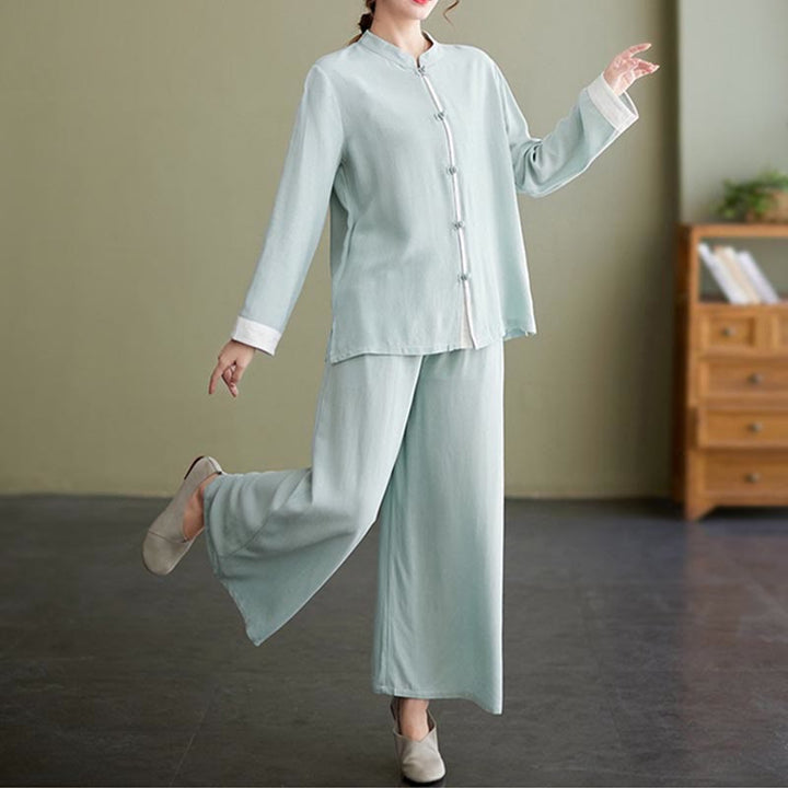 Buddha Stones 2Pcs Tang Suit Long Sleeve Shirt Top Pants Meditation Zen Tai Chi Cotton Linen Clothing Women's Set